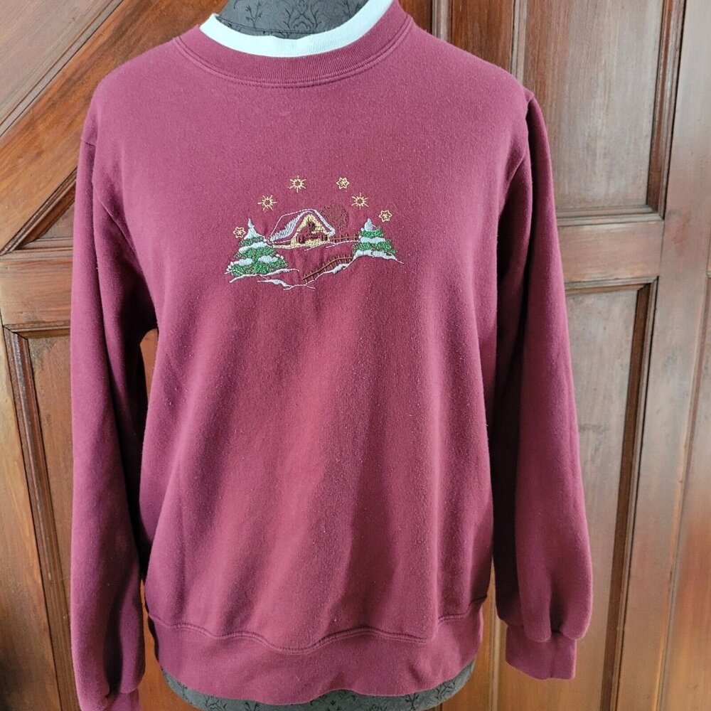 Ginnis Girl Womens Vintage Sweatshirt Snowy Cabin Trees Burgundy Lg Made In USA